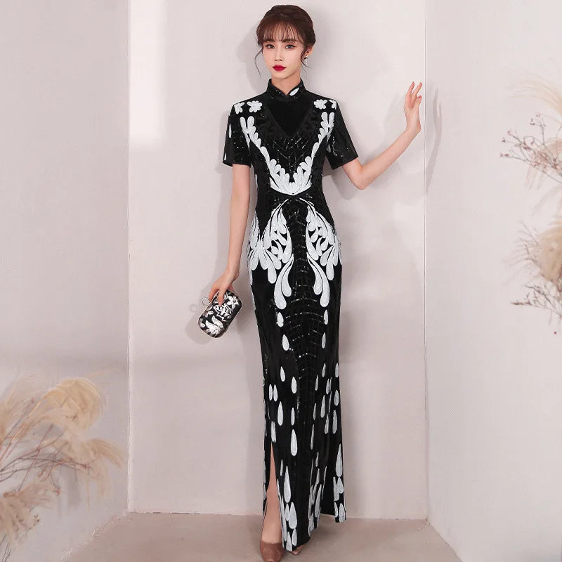 Oversize 4XL Velour Sequin Flower Cheongsam Women Slim Velvet Qipao Elegant Evening Party Dress Short Sleeve Vestidos - Seprincess