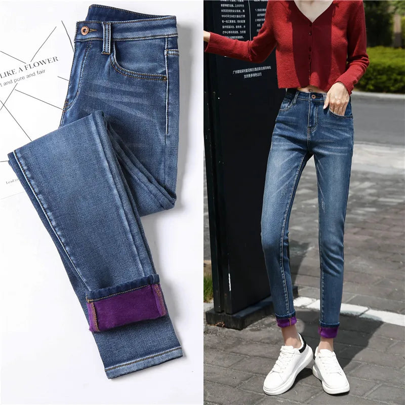 Winter Thick Women Warm Skinny Jeans Simple Stretch Velvet Fleece Female High Waist Denim Pencil Pants Clothes 36 38 40