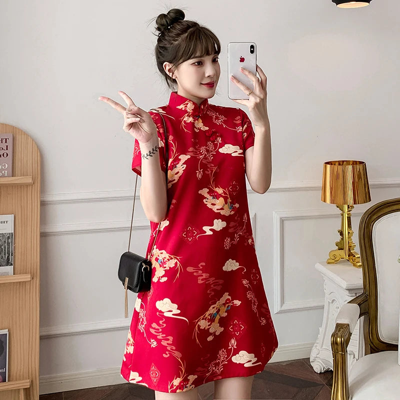 M-4XL 2022 New Year Red Summer Trend Street Fashion Modern Cheongsam A-line Dress Women Qipao Traditional Chinese Clothes - Seprincess