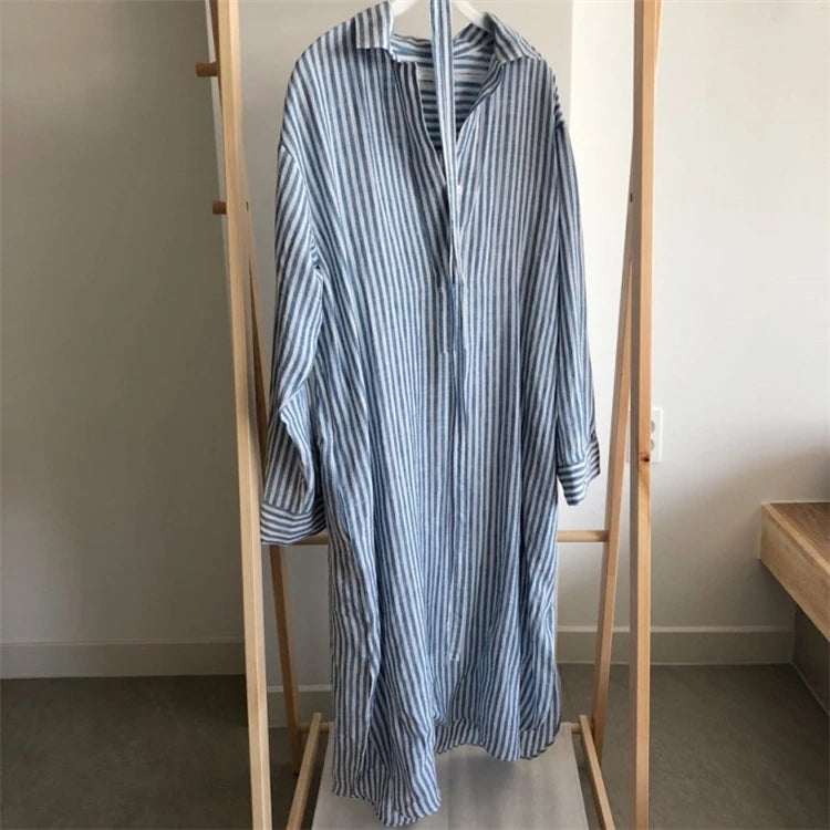 Colorfaith DR2268 2023 New Striped Lace Up Cotton and Linen Shirt Dress Spring Summer Women Korean Fashion Chic Long Dresses - Seprincess