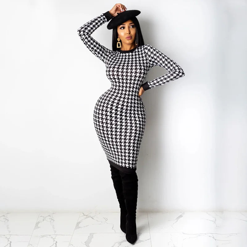 Houndstooth Print Women Long Sleeve Midi Dress Hollow Out Bodycon Sexy Streetwear 2022 Autumn Winter Club Elegant Slim - Seprincess