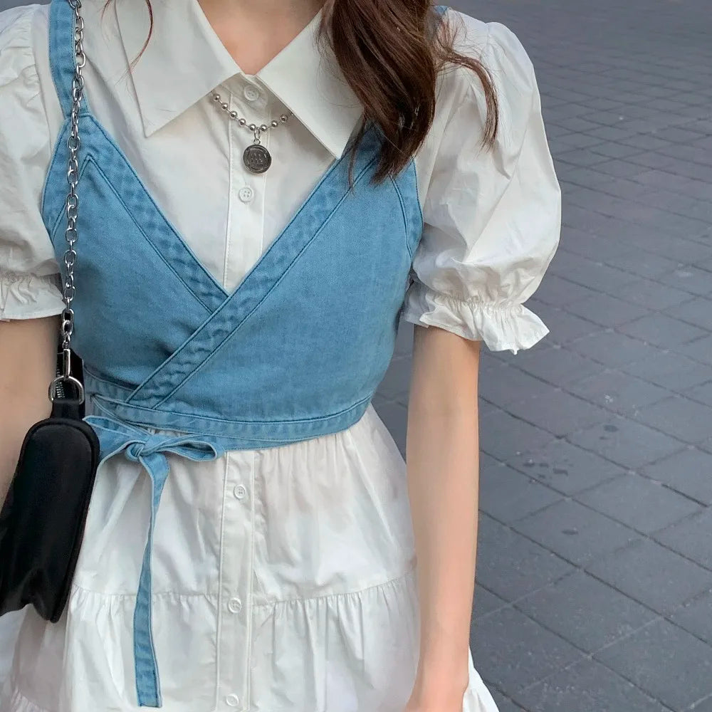 2 Piece Set Women Summer High Waist Dress Y2K Denim Camisole + Mini Dress Elegant Puff Sleeve A-line Dress Vintage Slim Dresses - Seprincess