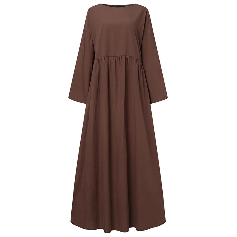 Autumn Women Sundress ZANZEA 2023 Vintage Solid Dresses Female Cotton Robe Casual Long Sleeve Pleated Maxi Vestidos Kaftan - Seprincess