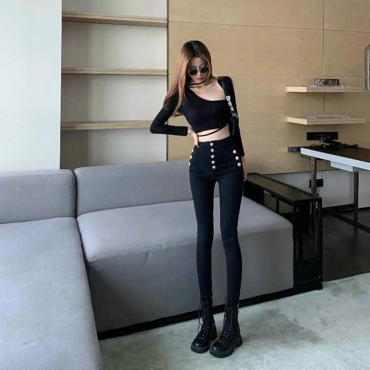 Spring Autumn Fashion High Waist Skinny Trousers Women's Casual Double Breasted Black Pencil Pants