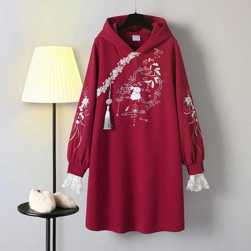 Winter Plus Size Dress Women's Chinese Traditional Style Hanfu Cheongsam Embroidered Tang Suit Hooded Sweatshirt Vestidos - Seprincess