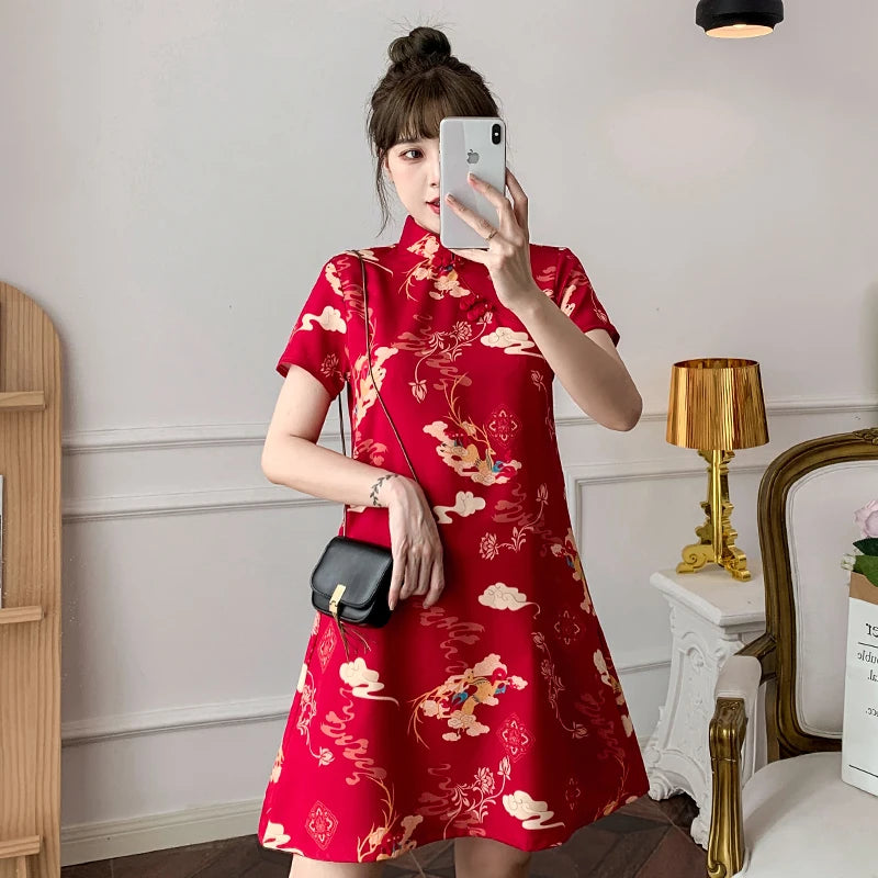 M-4XL 2022 New Year Red Summer Trend Street Fashion Modern Cheongsam A-line Dress Women Qipao Traditional Chinese Clothes - Seprincess