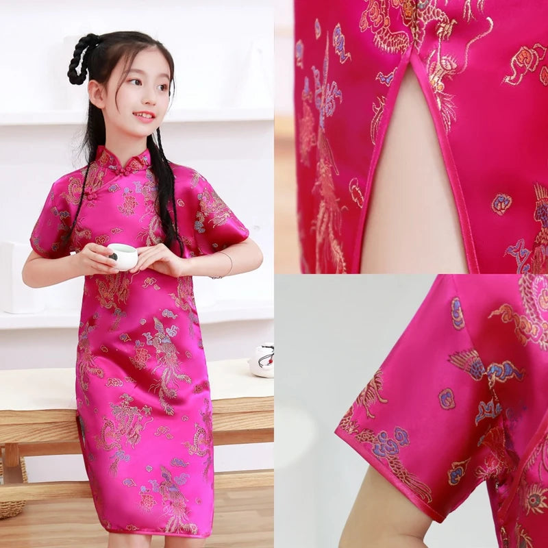 Lovely Girls Silky Satin cheongsam Dress Cute Princess Girls Dresses Kids Party Ball Gown Dress New Year cheongsam Clothing - Seprincess