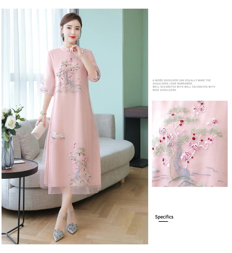 Chinese Styles Vintage Women Hanfu Midi Qipao Dresses China Traditional Elegant Cheongsam Tang Suit New Robe Orientale Clothing - Seprincess