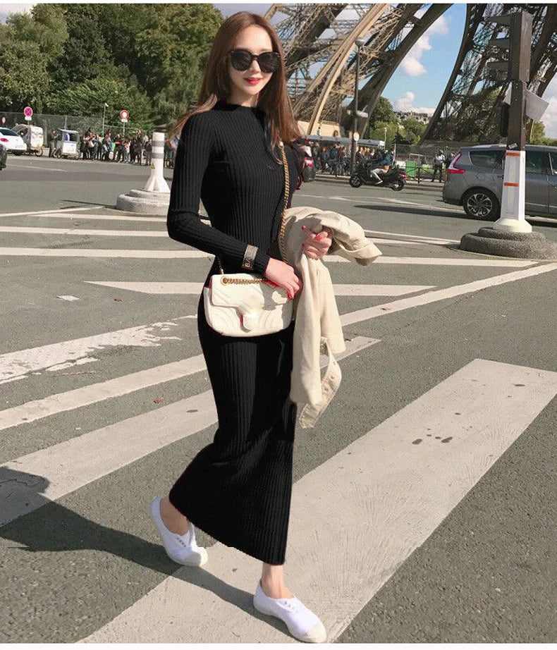 Winter Warm Slim Pullovers Sweater Dress Fashion Knitting Cotton Dress Women Long Sleeve O-neck Sheath Ankle-Length Dress - Seprincess