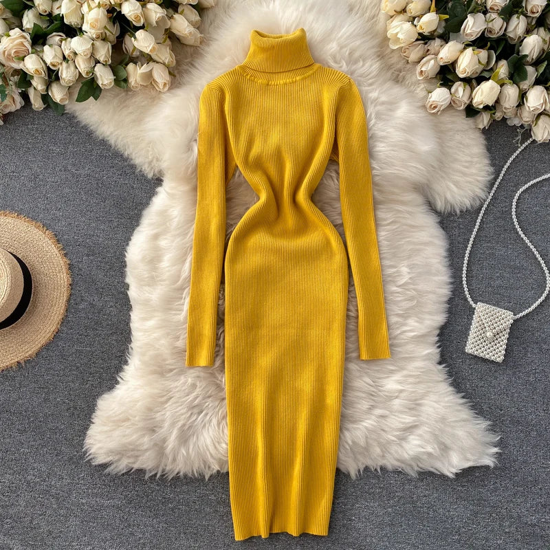 Dresses for Women 2022 Sexy Turtleneck Knitted Bodycon Dress Women Autumn Winter Long Sleeve Sweater Dress - Seprincess