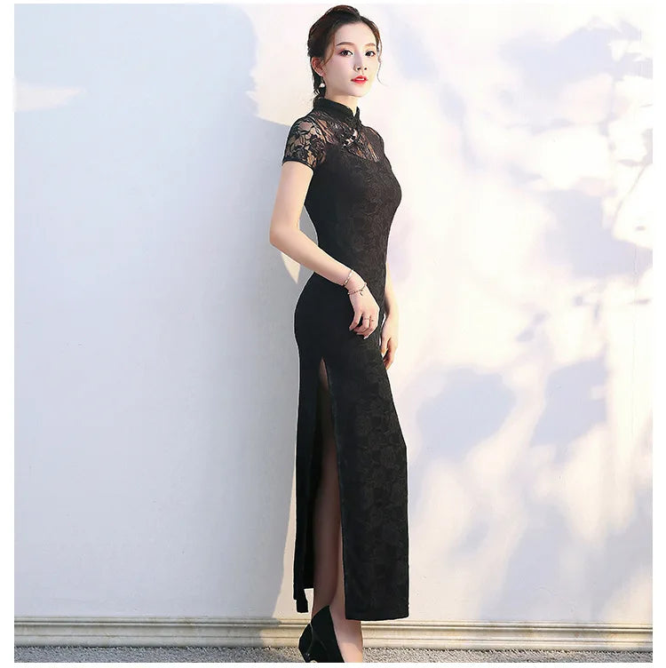 Lace Floral Perspective Collar Qipao Sexy Long Women Cheongsams Big Size 3XL 4XL 5XL Chinese Dress Grace Evening Party Vestidos - Seprincess