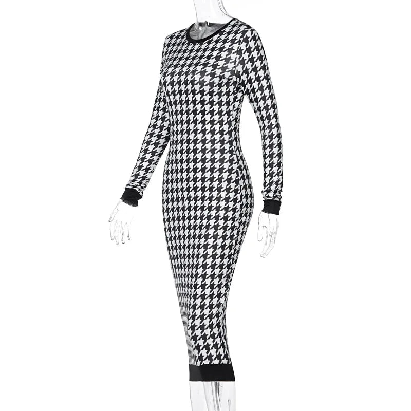 Houndstooth Print Women Long Sleeve Midi Dress Hollow Out Bodycon Sexy Streetwear 2022 Autumn Winter Club Elegant Slim - Seprincess