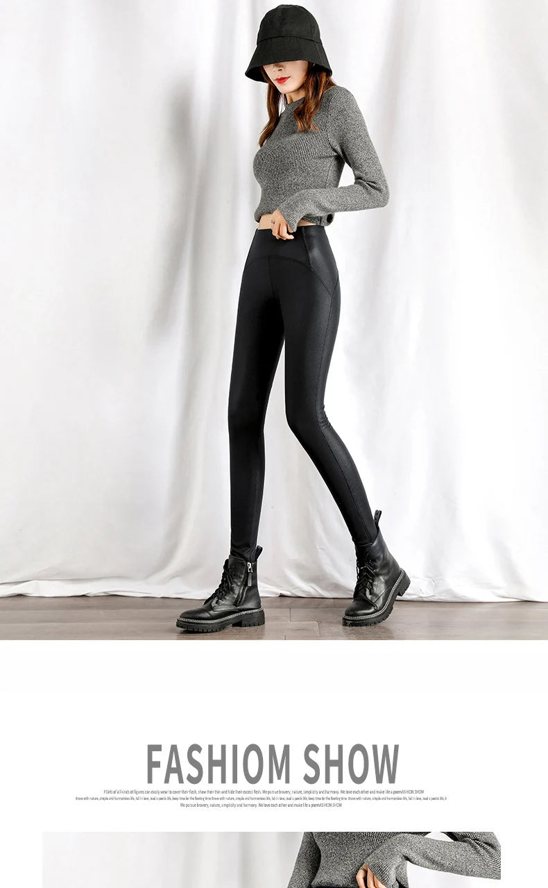 BIVIGAOS Autumn Winter Black Fleece Matte Leather Leggings Women High Waist  Sexy Motorcycle Pants Slim Skinny Warm Leggings