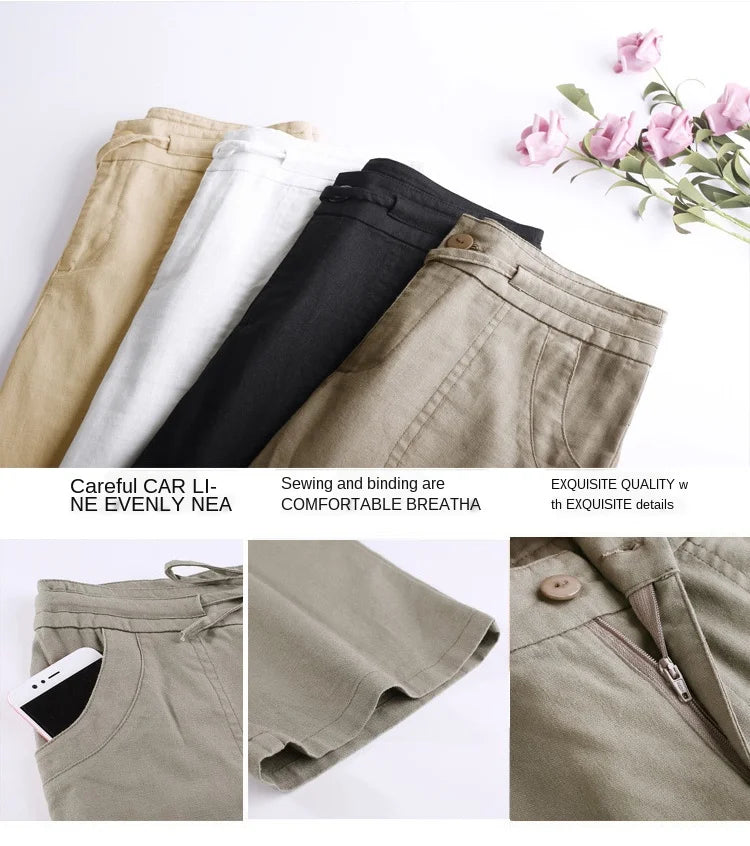 Women Drawstring Casual Cotton Linen Pants Solid White Black Khaki Breathable Summer Thin Straight Leg Loose Trousers S 4XL