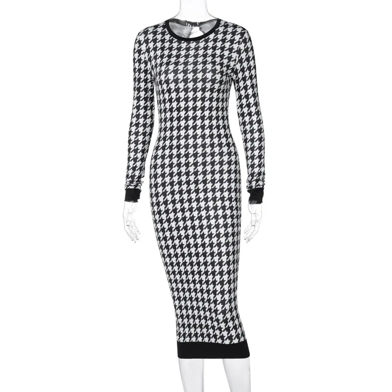 Houndstooth Print Women Long Sleeve Midi Dress Hollow Out Bodycon Sexy Streetwear 2022 Autumn Winter Club Elegant Slim - Seprincess