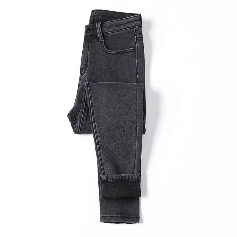 Winter Thick Women Warm Skinny Jeans Simple Stretch Velvet Fleece Female High Waist Denim Pencil Pants Clothes 36 38 40