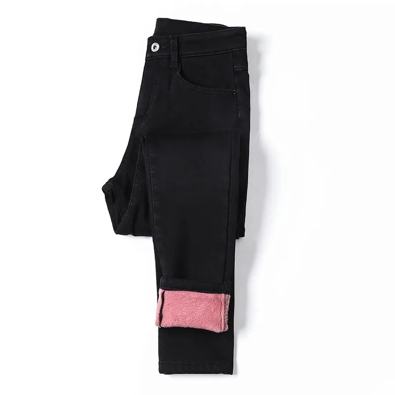 Winter Thick Women Warm Skinny Jeans Simple Stretch Velvet Fleece Female High Waist Denim Pencil Pants Clothes 36 38 40