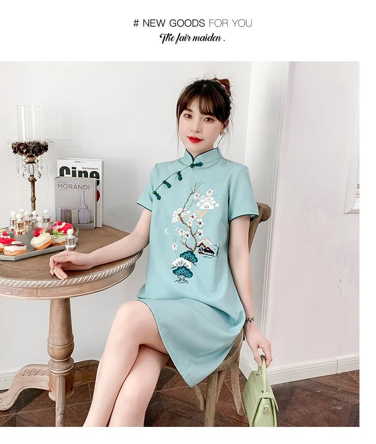 Plus Size M-4XL 2021 New Blue Loose Fashion Modern Cheongsam Dress Women Short Sleeve Qipao Traditional Chinese Style Clothes - Seprincess