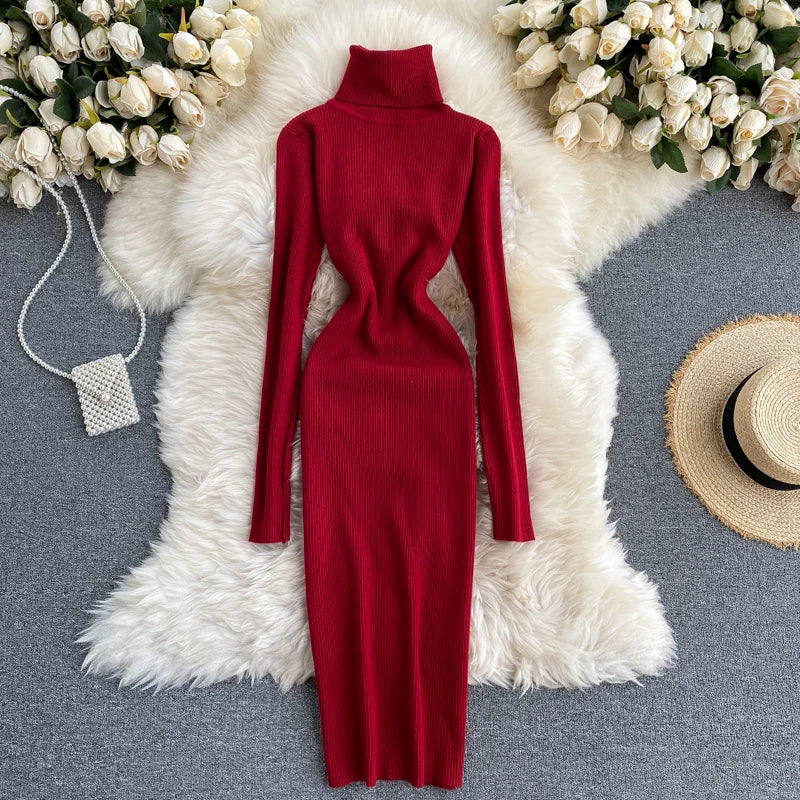 Dresses for Women 2022 Sexy Turtleneck Knitted Bodycon Dress Women Autumn Winter Long Sleeve Sweater Dress - Seprincess