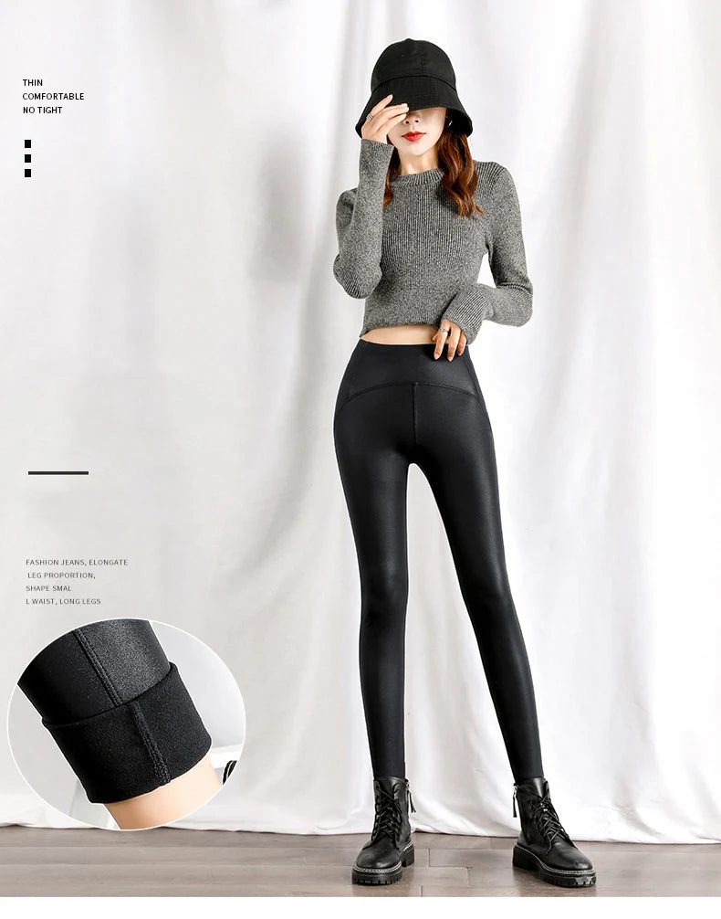 BIVIGAOS Autumn Winter Black Fleece Matte Leather Leggings Women High Waist  Sexy Motorcycle Pants Slim Skinny Warm Leggings