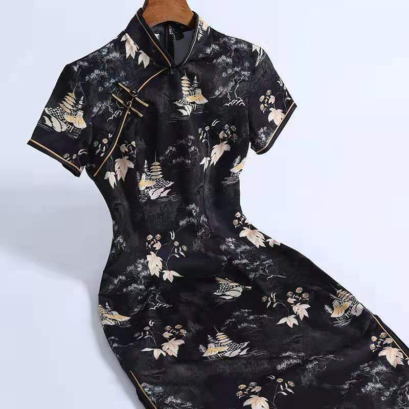 Black Evening Gown Wedding Modern Chinese Cheongsam Dress Stretch Plus Size Chipao 2XL Sexy Traditional Vintage Qipao - Seprincess