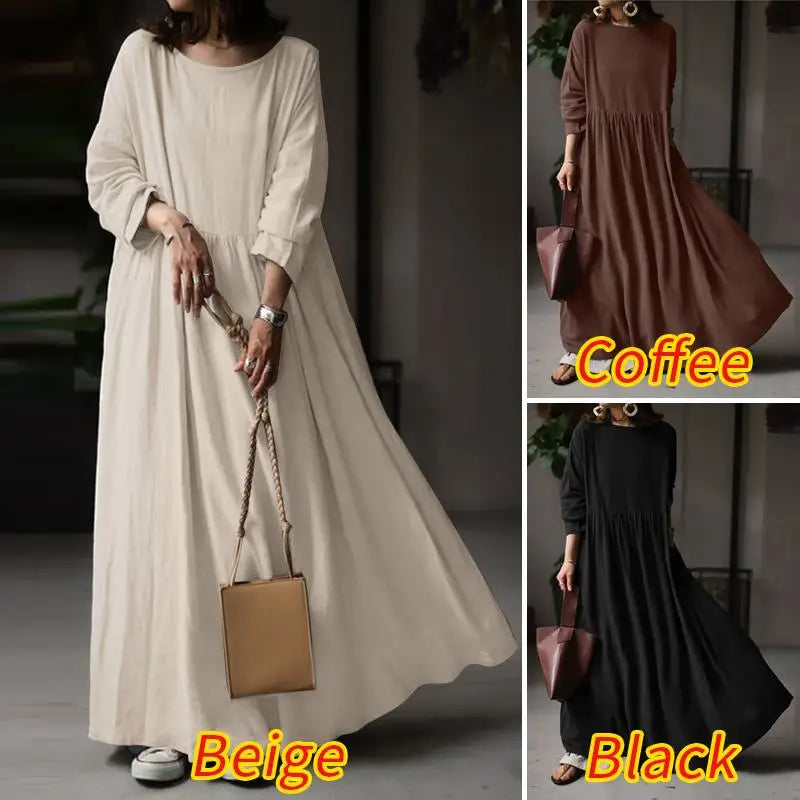 Autumn Women Sundress ZANZEA 2023 Vintage Solid Dresses Female Cotton Robe Casual Long Sleeve Pleated Maxi Vestidos Kaftan - Seprincess