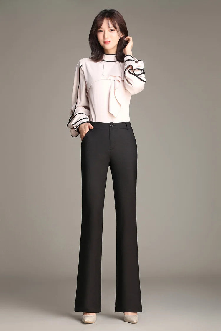 Women Slimming Office Flare Pants High Waist Pure Color Cotton Stretch Casual Big White Black Office Flared Trousers S 3XL 4XL