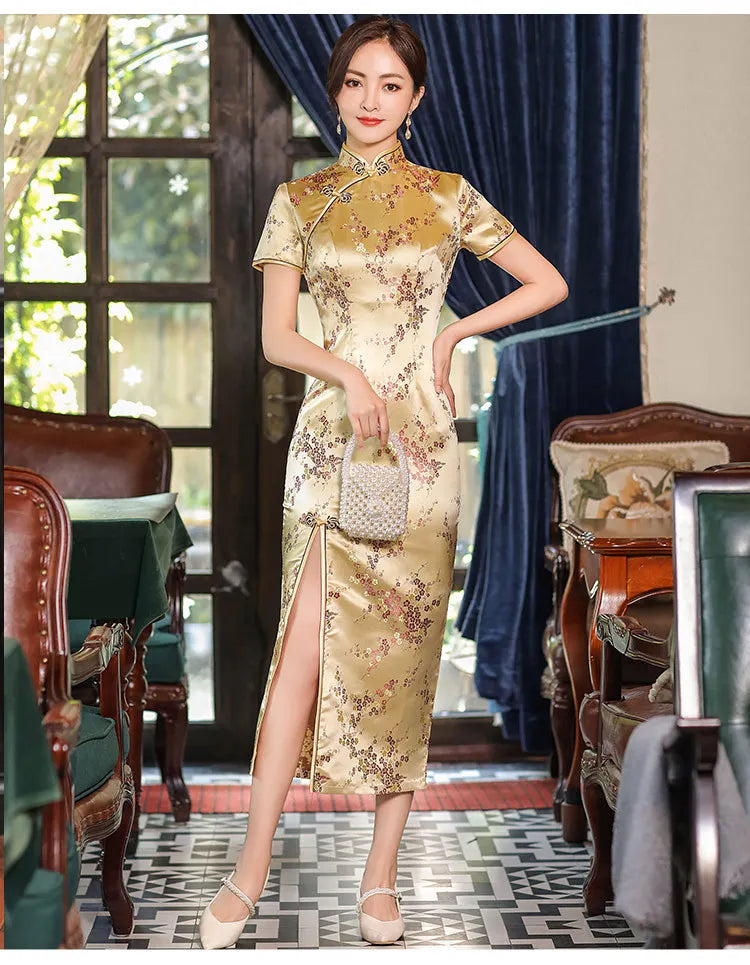 Summer New Women Sexy Cheongsam Elegant Vintage Mandarin Collar Chinese Dress Long Satin Flower Qipao Split Vestidso - Seprincess