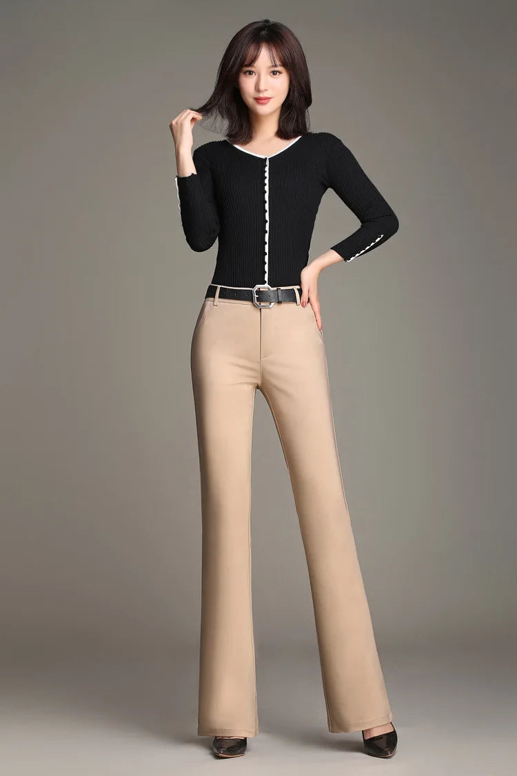 Women Slimming Office Flare Pants High Waist Pure Color Cotton Stretch Casual Big White Black Office Flared Trousers S 3XL 4XL