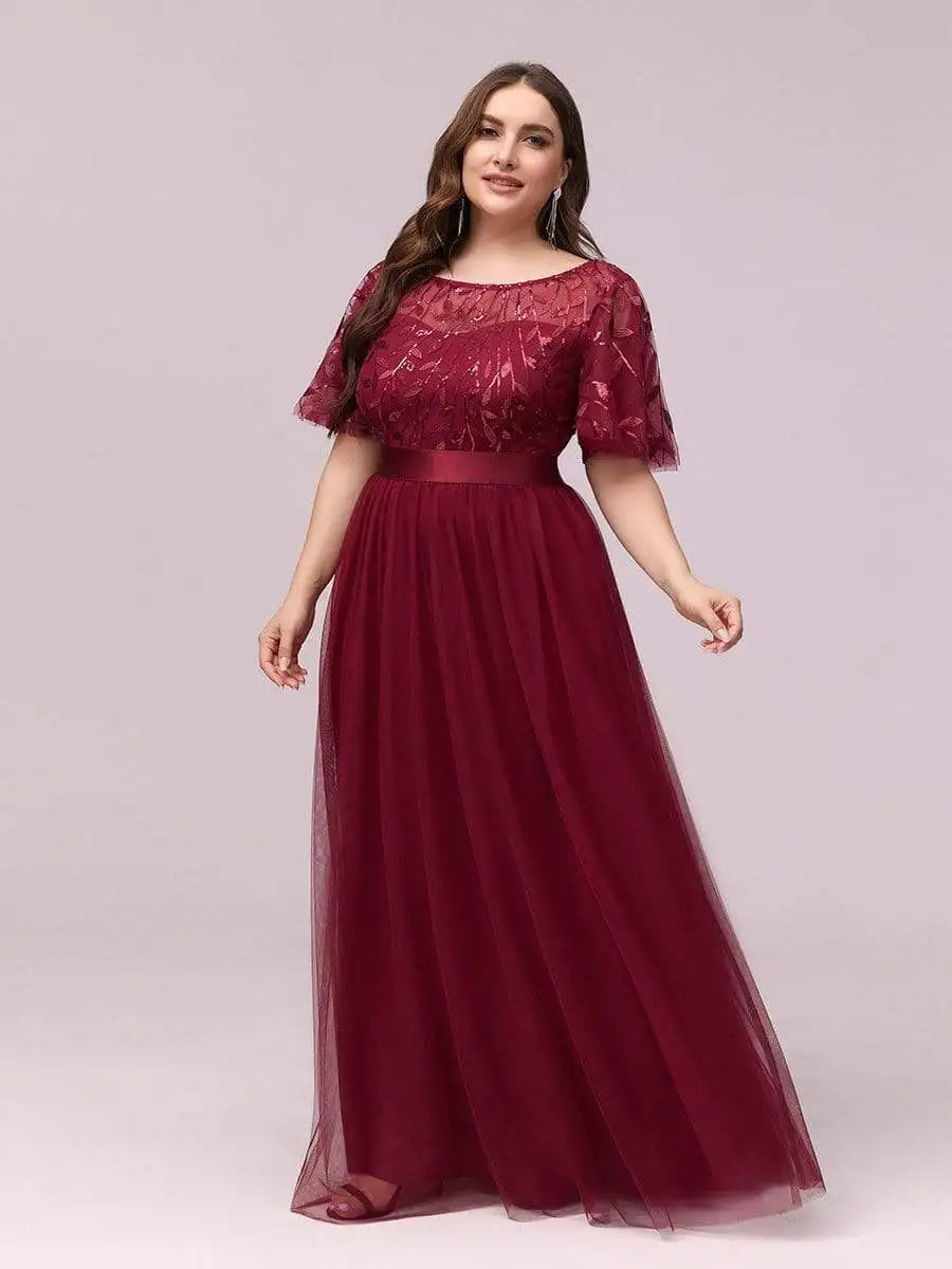 2023 NEW Plus Size Dress  Robe De Soiree Sparkle Evening Dresses Long A-Line O-Neck Short Sleeve LONG Formal Dresses - Seprincess