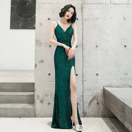 DEERVEADO Strap Prom Dresses Long Sequin Mermaid Evening Party Dress for Women Sexy V Neck Bodycon Maxi Dress Slit Prom Gown - Seprincess