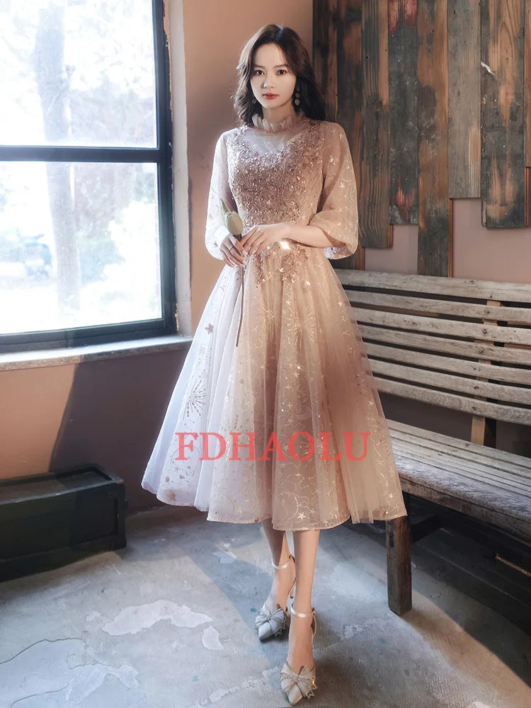 FDHAOLU Evening Dress 2024 New Stylish Illusion O-neck Appliques Crytal Formal Dress a Line Prom Dresses Haute Couture - Seprincess