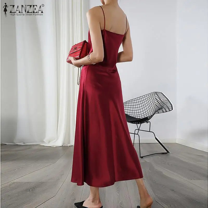 ZANZEA Sexy Strap Dresses Women Spaghetti Straps Dress V Neck Slip Vestidos Elegant Party Clubbing Sundress Satin Solid Robe - Seprincess