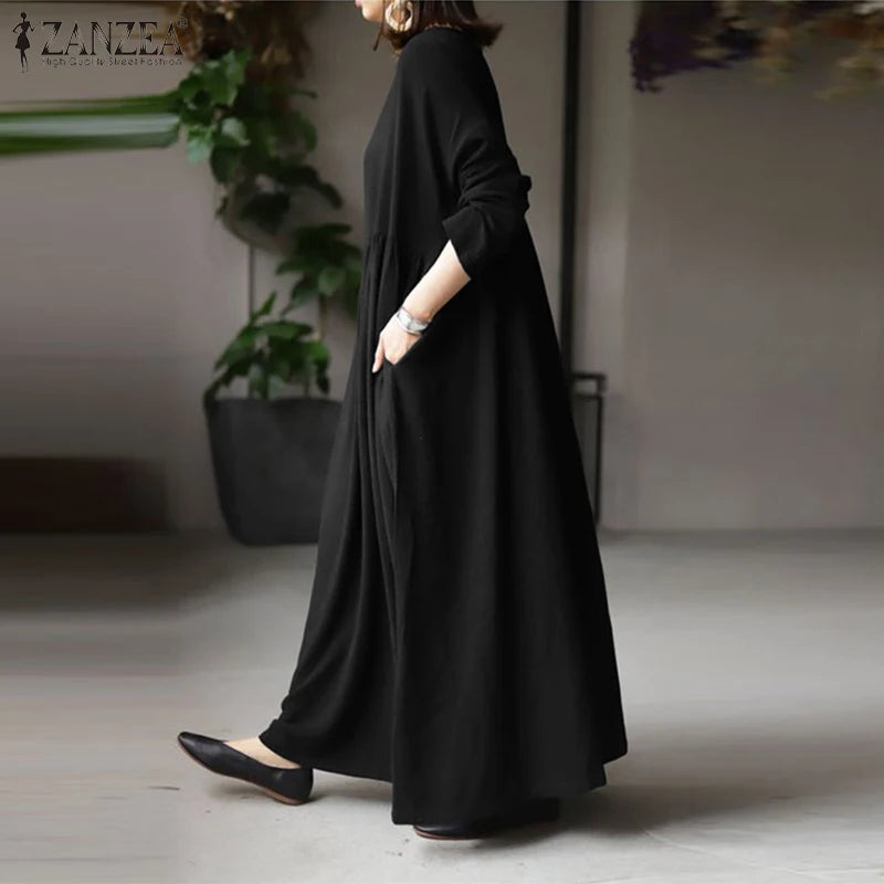 Autumn Women Sundress ZANZEA 2023 Vintage Solid Dresses Female Cotton Robe Casual Long Sleeve Pleated Maxi Vestidos Kaftan - Seprincess