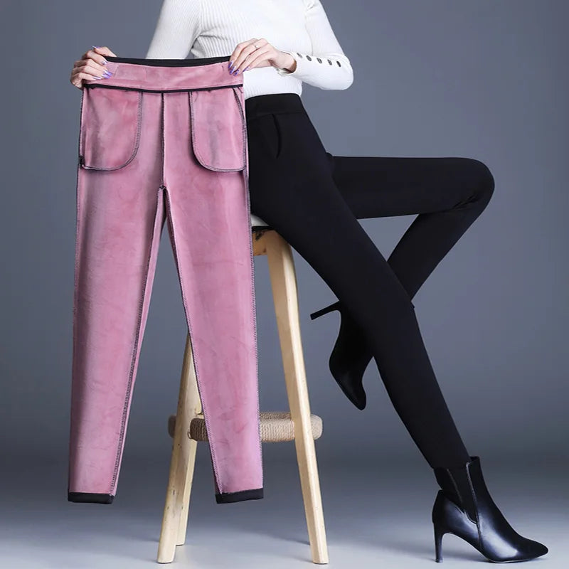 Thicken Women Black Stretch Pencil Pants Winter Plus Size Casual Slim Female Loose Female Warm Feleece Trousers Capris 5XL