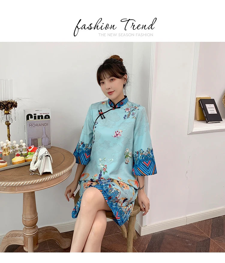 Ins Red Blue Loose 2021 New Fashion Modern Chinese Cheongsam A-line Dress Women 3/4 Sleeve Qipao Traditional Chinese Clothes - Seprincess