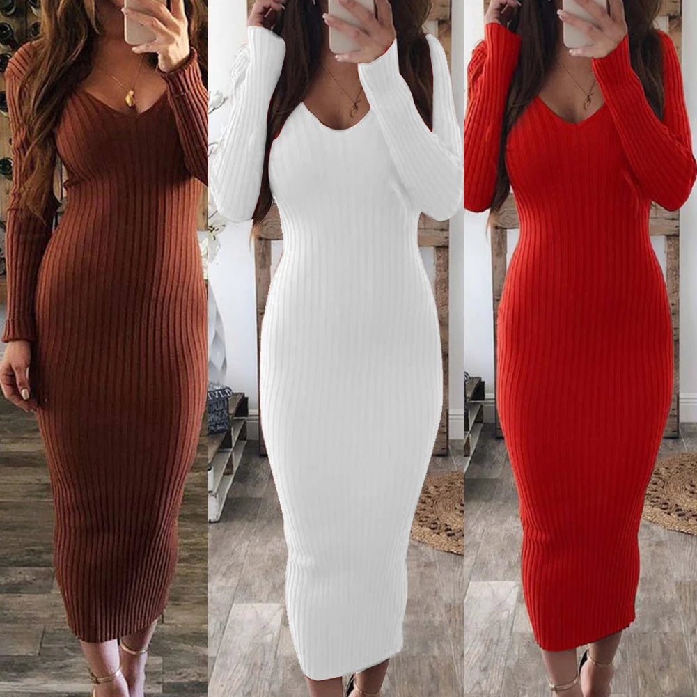 Sexy Women Dress Winter 2020 Knit Sweater Long Sleeve V Neck Backless Ribbed  Slim Knitted Midi Dress Sweater Dress Korean Dress - Seprincess