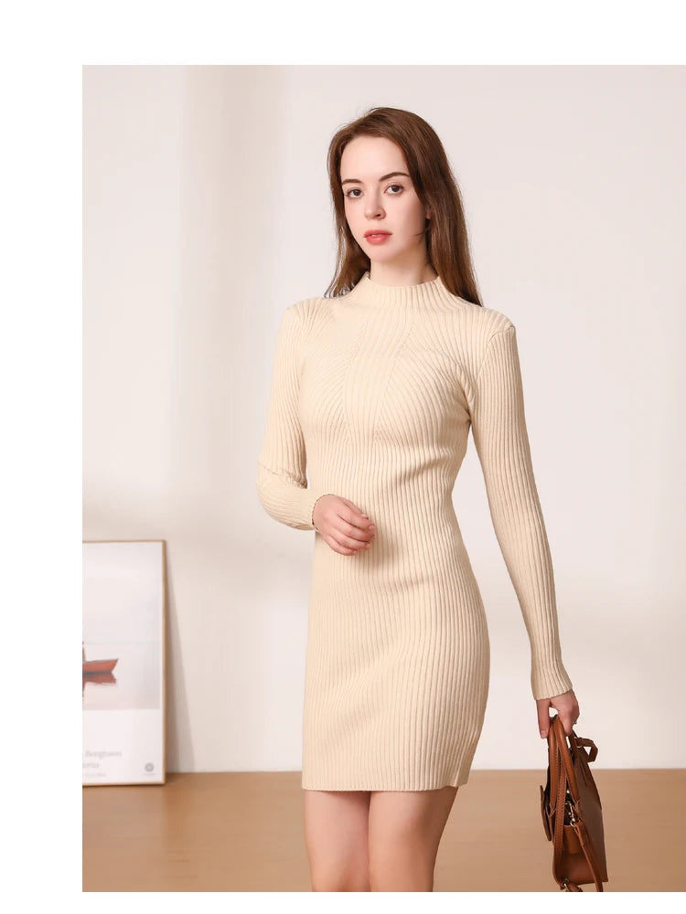 Basic 2024 Winter Casual Women's Dresses Ladies Midi Dress Sweater Knitted Korean Fashion Robe Clothes Clothing Elegant Black - Seprincess