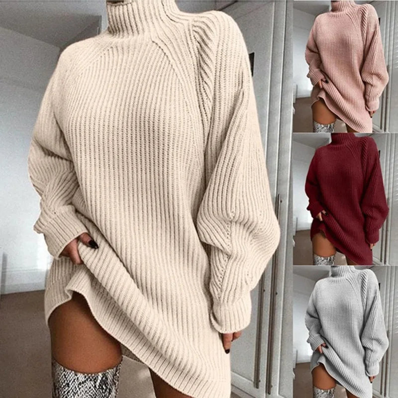 Women Turtleneck Sweater Dress Autumn Solid Long Sleeve Casual Elegant Mini Oversized Knitted Dress Winter Clothes - Seprincess