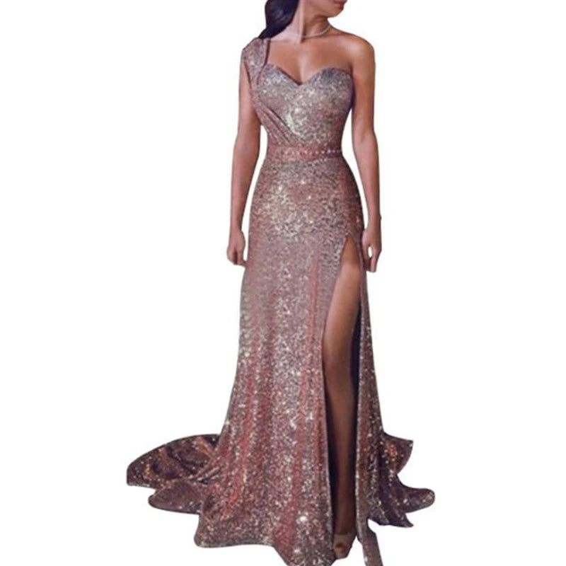 Women Sexy One Shoulder High Split Irregular Dress 2022 New Fashion Shiny Sequin Long Evening Dresses Lady Elegant Party Dress - Seprincess