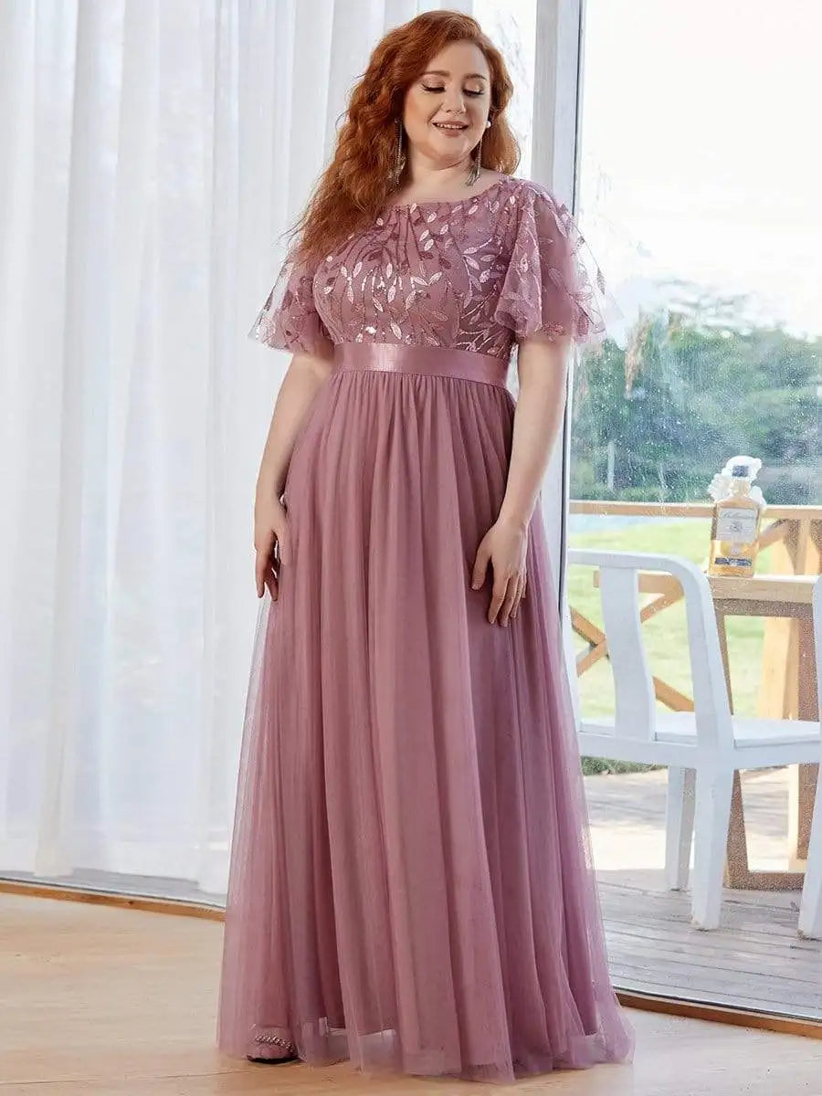 2023 NEW Plus Size Dress  Robe De Soiree Sparkle Evening Dresses Long A-Line O-Neck Short Sleeve LONG Formal Dresses - Seprincess