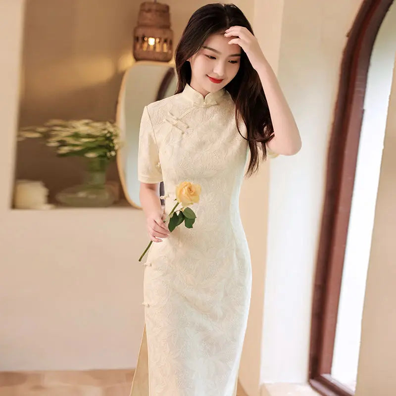 Summer Cheongsam New Young Girl Chinese Style Qipao Retro Dress Medium Long White Sweet Daily Party Dress 2021 - Seprincess