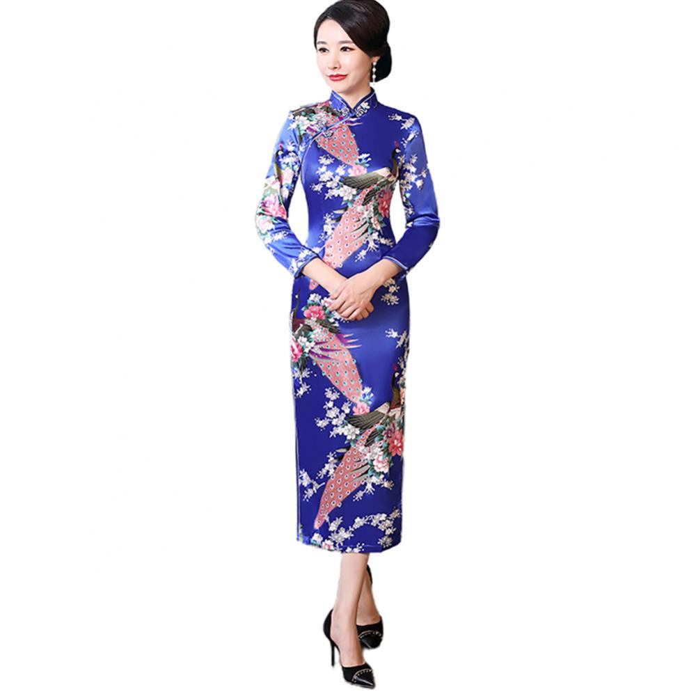 Women Chinese Traditional Dress Peacock Flower Print Long Split Bodycon Dress Cheongsam Stage Show Midi Slim Women Dress - Seprincess