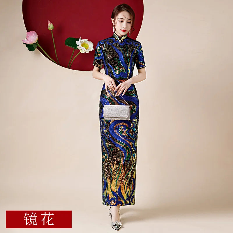 Oversize 4XL Velour Sequin Flower Cheongsam Women Slim Velvet Qipao Elegant Evening Party Dress Short Sleeve Vestidos - Seprincess