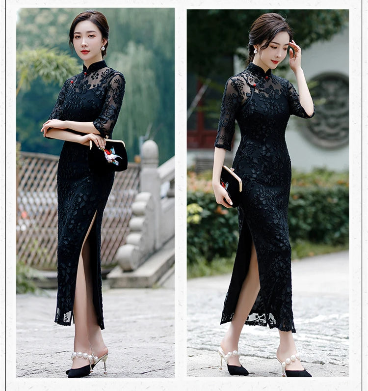 Chinese Style Women's Traditional Dress Retro Old Shanghai Style Long Cheongsam with 3/4 Sleeve Lace Summer Dress - Seprincess