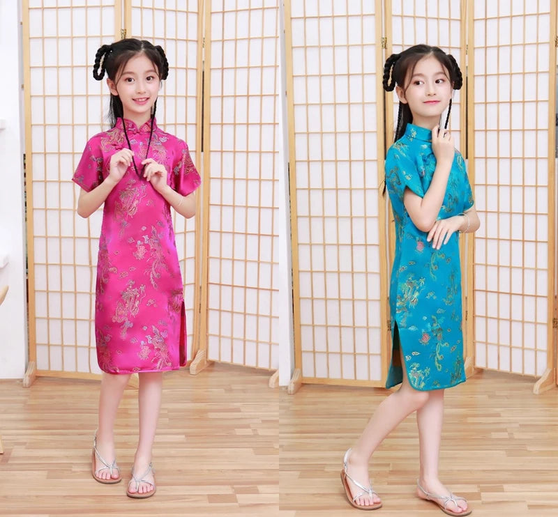 Lovely Girls Silky Satin cheongsam Dress Cute Princess Girls Dresses Kids Party Ball Gown Dress New Year cheongsam Clothing - Seprincess