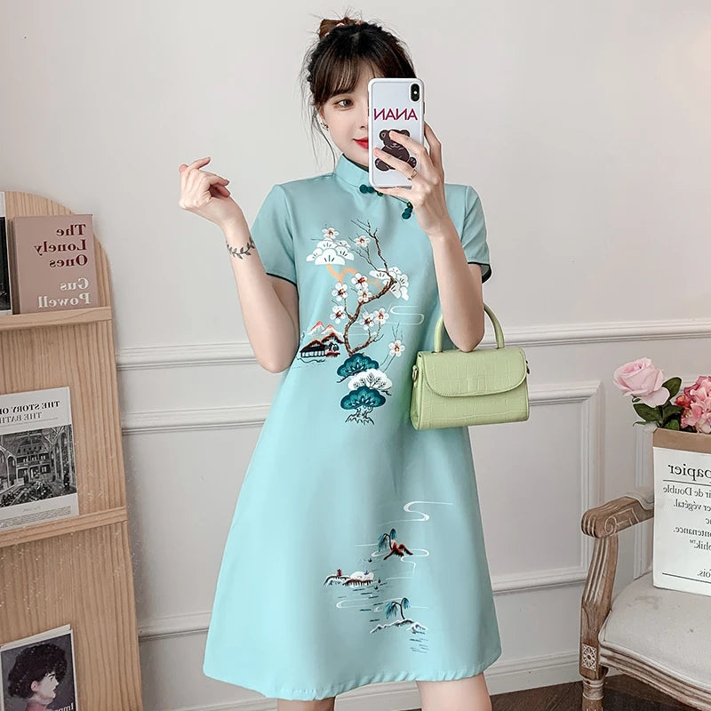 Plus Size M-4XL 2021 New Blue Loose Fashion Modern Cheongsam Dress Women Short Sleeve Qipao Traditional Chinese Style Clothes - Seprincess