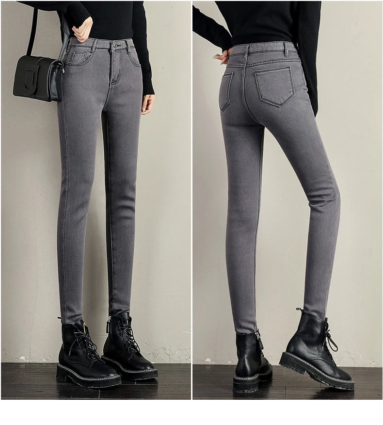 Women Stretch High Waist Skinny Warm Thick velvet Jeans Lady Mom Cotton Pants Student Winter Pencil Trousers clothes 38 40