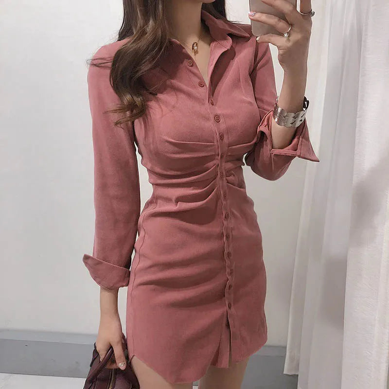 Dresses for Women French Retro Shirt Tight Bottoming Dress Female Autumn and Winter Slim Package Hip Single-breasted Pure Dress - Seprincess