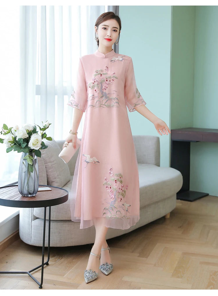 Chinese Styles Vintage Women Hanfu Midi Qipao Dresses China Traditional Elegant Cheongsam Tang Suit New Robe Orientale Clothing - Seprincess